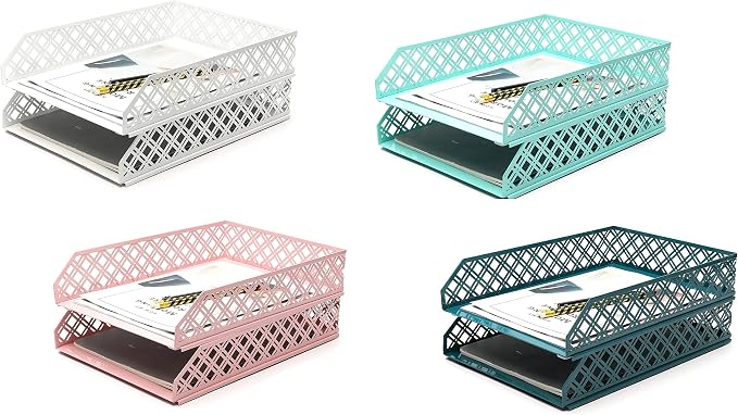 Exerz Letter Trays 2pcs Stackable Paper Sorter/Desk Organiser/File Tray for Desk - Wire Mesh Metal File Rack - Office, School, Home Study (Light Pink) - Image 9
