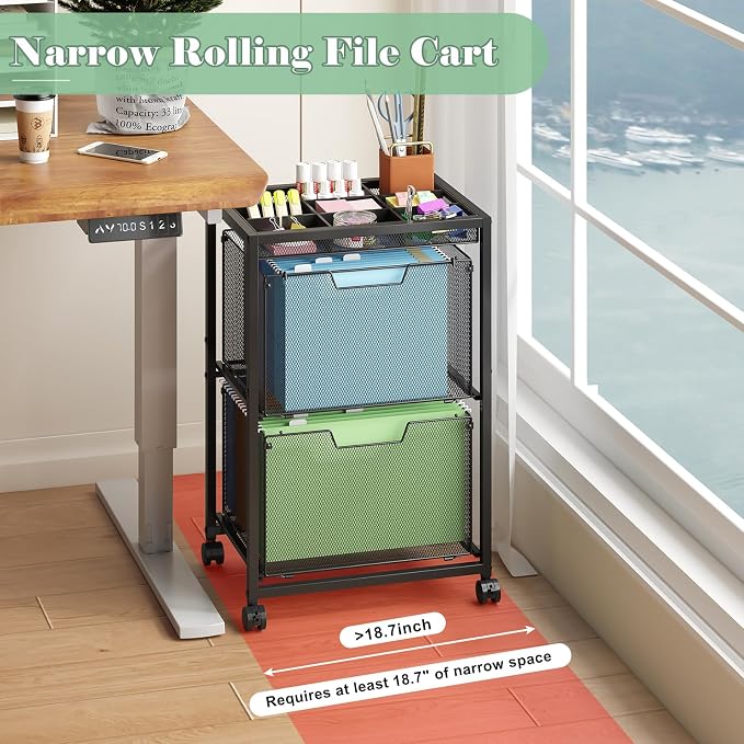 Rolling File Cart with 2 Drawers, Under Desk Storage Cabinet with DIY Divider, Letter/Legal Mobile Filling Cabinet on Wheels, Hanging File Folders Organizer, Metal Utility Cart for Home Office, Black - Image 8