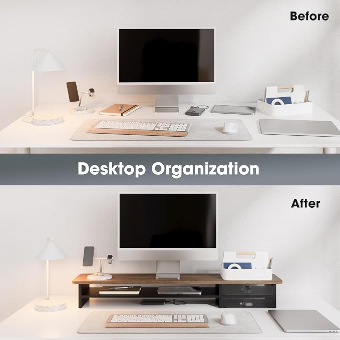 Fenge Monitor Stand, Desk Computer Riser with Frosted Storage Drawer, Brown | 42.5 Inch Dual Monitor Riser, 2 Tiers, Cable Management, Desk Shelf for 2 Monitors, Ultrawide Screen, Laptop, TV, Home Office - Image 9