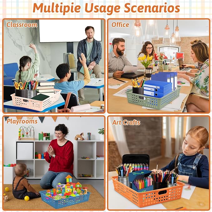 12 Pcs Plastic Classroom Storage Basket Bulk 14 x 10 In Turn in Paper Trays for Classroom A4 Size Colorful Storage Organizer Bin with Handles Stackable Container for Playroom Home Office School Supply - Image 7