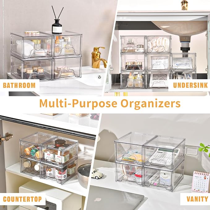 Stebopum 8 Pack Stackable Makeup Organizer, 4.4'' Tall Acrylic Bathroom Makeup Organizer and Storage Drawer with Pull-out Handle, Clear Plastic Storage Bins for Vanity,Pantry,Desk,Undersink,Kitchen - Image 7