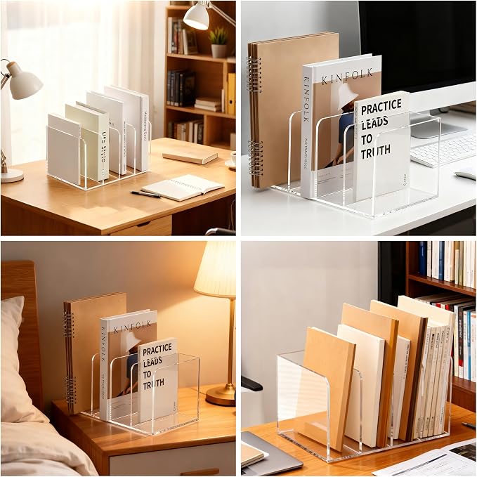YUXUN Clear Acrylic Magazine File Holder, 4 Compartment Vertical Desk Organizer, 5mm Thick Document Sorter with Non-Slip Base, No Assembly for Office Home Classroom, Holds Binders, Books, Tablets - Image 9