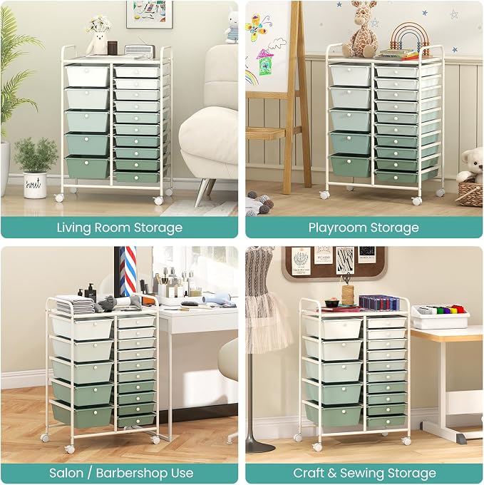 Giantex 15 Drawers Rolling Cart, Classroom Organizers, Storage Cart with Wheels, for Teacher Office Home School Supplies Tool Craft Art Paper, Green Gradient - Image 9