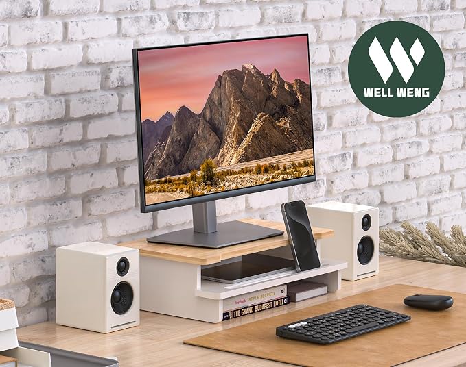 16.5” Bamboo Monitor Stand with Phone & Tablet Holder Desk Shelf | Monitor Riser for 36-48 Inch Desk Cozy Computer Setup Workplace Organizer Keyboard Storage Ergonomic White & Natural Bamboo - Image 7