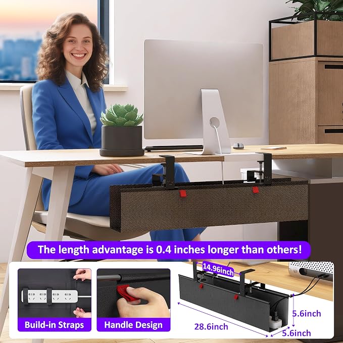 Under Desk Cable Management Tray - Under Desk Cord Management - Clamp/Screw Mount - Fabric Wire Management - Cable Raceways Tray Cord Hiders for Office/Home (Black, 28.6"×5.6") - Image 7