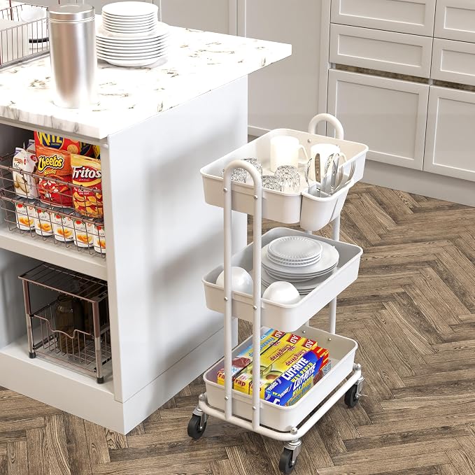 Simple Houseware 3-Tier Rolling Utility Cart with Hanging Bucket, White | Storage for Bathroom, Kitchen, Office, Study Room, Nursery Diaper - Image 9