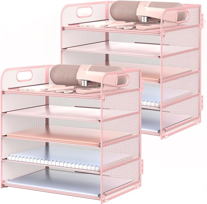2 Pack Letter Tray 5-Tier Desk Organizer File Paper Holder with Handle, Metal Desktop Document Shelf Tray Office Classroom Organization - Pink by Sinboun