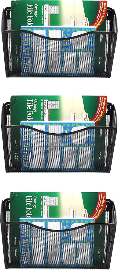 3 Single Pocket Mesh Hanging File Organizer, Vertical Wall Mounted Magazine File Holder, Mount Basket Mail Paper Document Folder Organizing for Office, Home and School, Black - Image 7