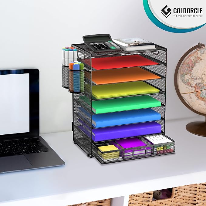 8 Tier Paper Letter Tray Organizer (Black-with Drawer,Pen Holders) | Mesh Desk File Holder Storage Organization for Home School Classroom & Office - Image 8