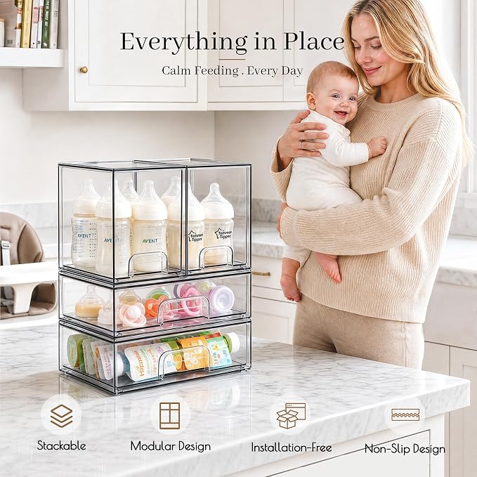 Clear Stackable Storage Drawers, Baby Bottle Organizer, Easily-Access Makeup Organizer, Durable Containers for Bathroom Countertop, Cabinet, Pantry and Medicine Organization - Image 7