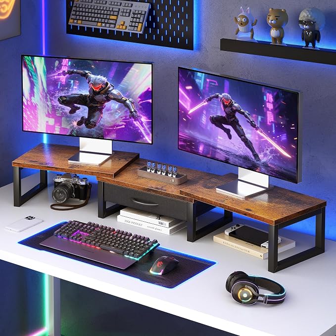 Desk Organizers and Accessories, Dual Monitor Stand Riser with Drawer, Computer Monitor Stand, Adjustable Desk Shelf for PC Laptop Printer TV, Brown - Image 7