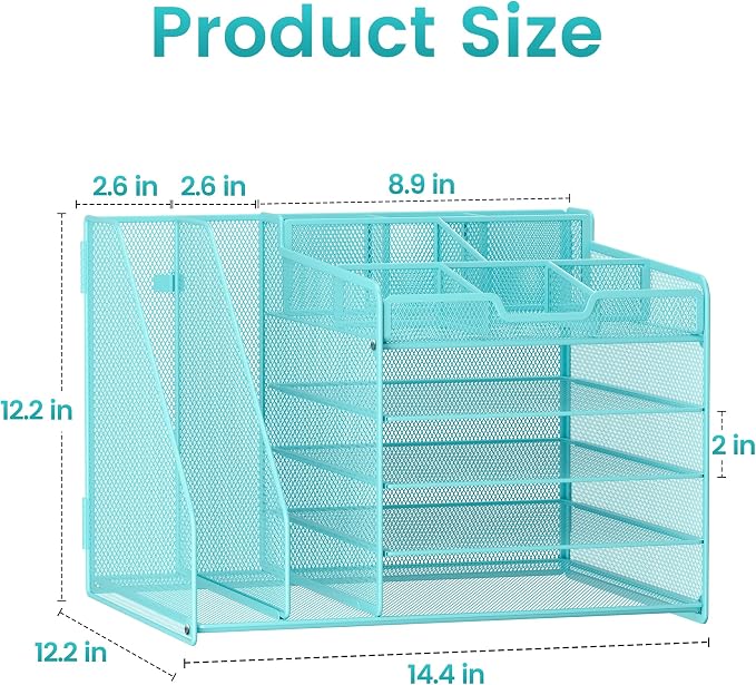 Lavatino 5-Tier Desk Organizer with 2 File Holders, Metal Adjustable Paper Letter Tray for Office or Home Desk Organizers and Accessories | 7 Flexible Dividers Keep Workspace Supplies Neat, Blue - Image 7