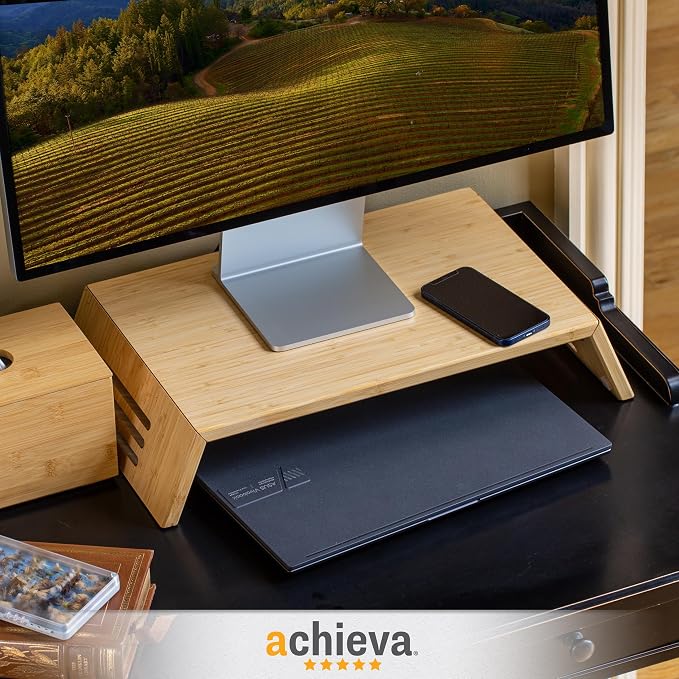 Achieva Monitor Stand - Bamboo Monitor Riser with Under-Desk Storage, 17.56" x 12.44" x 2.64", Natural Finish - Image 4