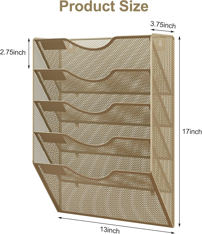 EasyPAG Wall File Organizer 5 Tier Hanging Paper Folder Holder, Zero Assembly Metal Mesh Wall Mounted Mail Organizer for Office Home Classroom Narrow Spaces, Gold - Image 6