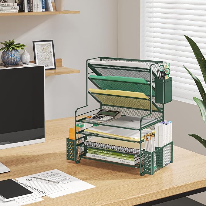 Simple Trending 7 Tier Desk File Organizer, Letter Tray Paper Organizer with Pen Holder and Metal Hanging Basket, Green - Image 6