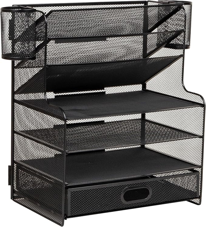 Mind Reader Mesh Desk Organizer, 6 Compartments, 1 Drawer, 2 Pen Cups, Office Desktop Organizer, Metal Mesh, Black - Image 7