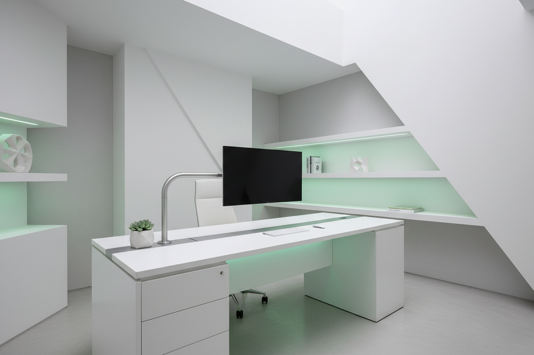 Minimalist premium office desk with monitor arm and mint-green accent lighting representing architectural workspace design