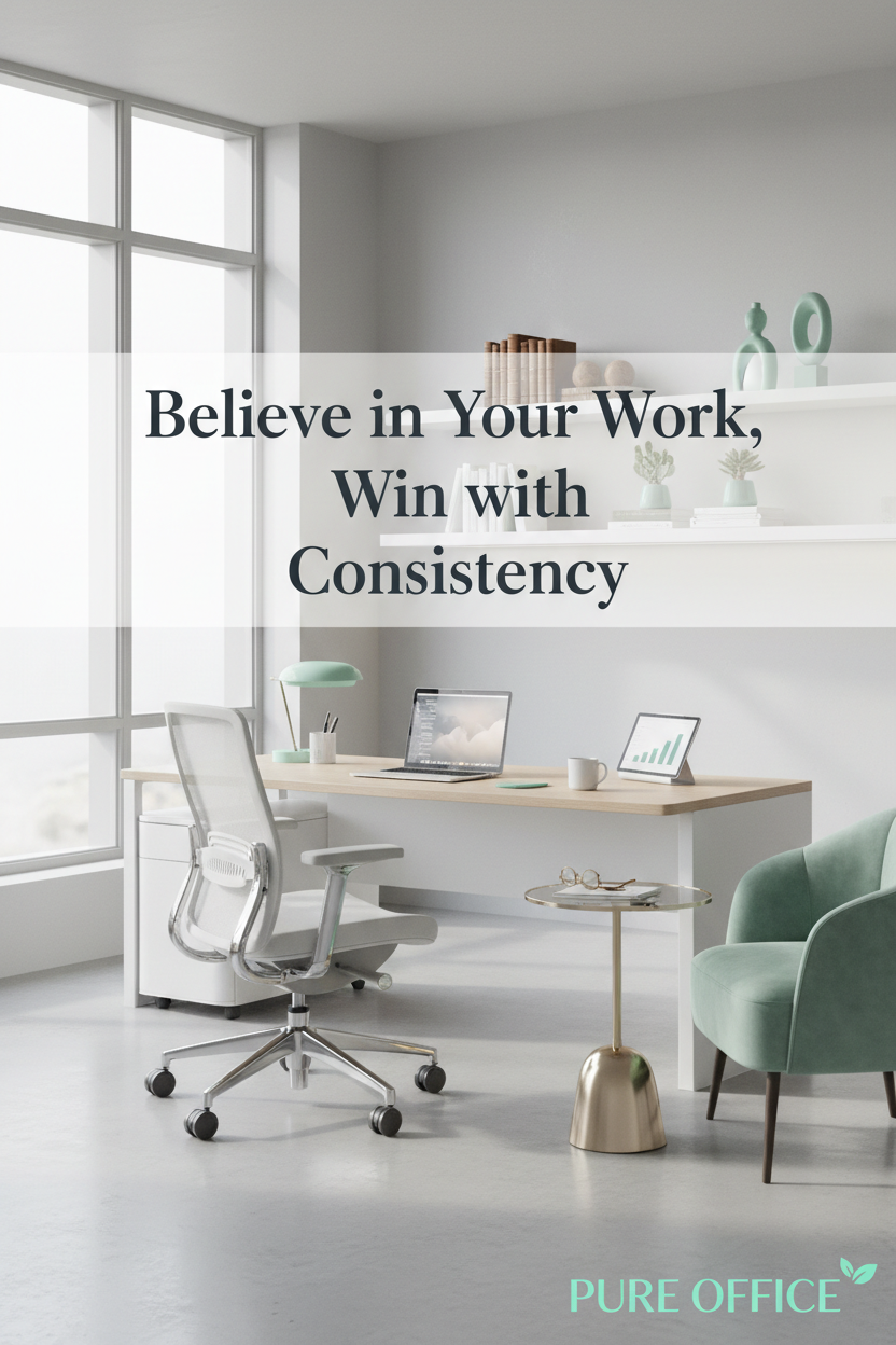 Premium ergonomic office workspace featuring modern desk setup with professional furniture and mint-green Pure Office branding, promoting focused work and healthy work habits for home office professionals