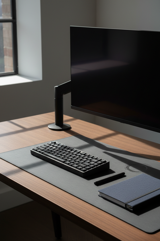 A premium minimalist executive desk with a mechanical keyboard, leather mat bearing a faint water ring, and a closed notebook with fabric creases — soft natural light, cinematic shadows, no people.