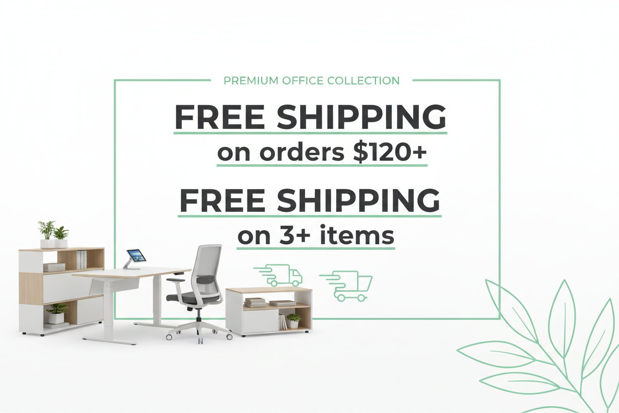 Free shipping promotion banner for premium office products showing two shipping offers: free delivery on orders over $120 or when purchasing 3 or more items from Pure Office collection