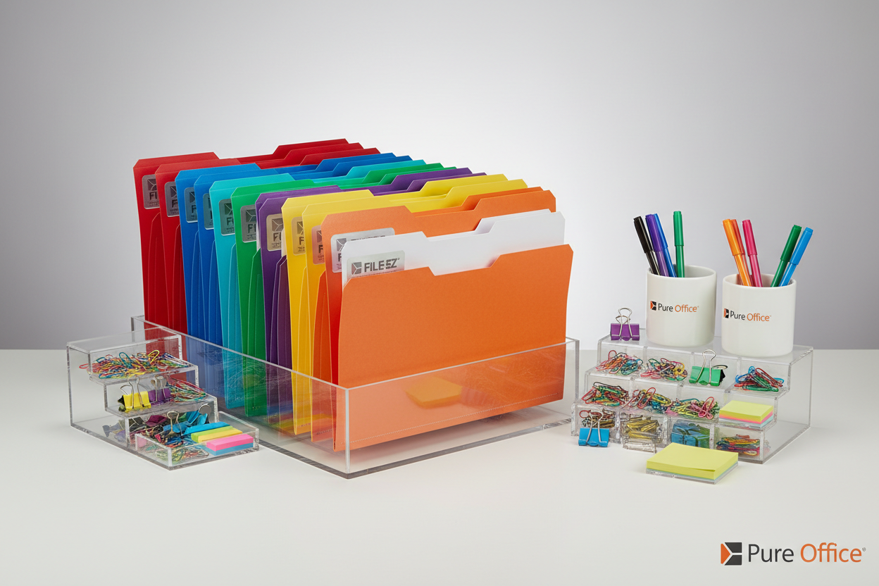 FILE-EZ two-pocket folders in 15+ colors, textured paper, letter size, available in 25 or 125-pack for professional office organization