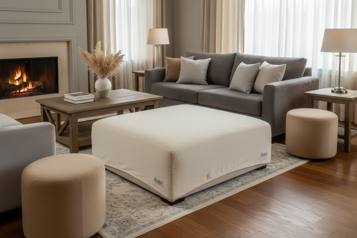 PureFit stretch ottoman covers in 10+ colors, rectangle and square slipcovers with non-slip bottom, small to XL sizes