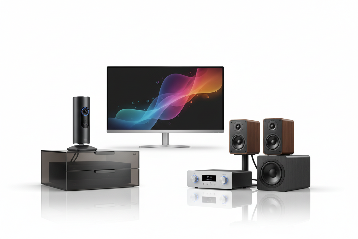 Premium quality tech $100-$300 including 4K monitors, professional webcams, file cabinets, and audio systems