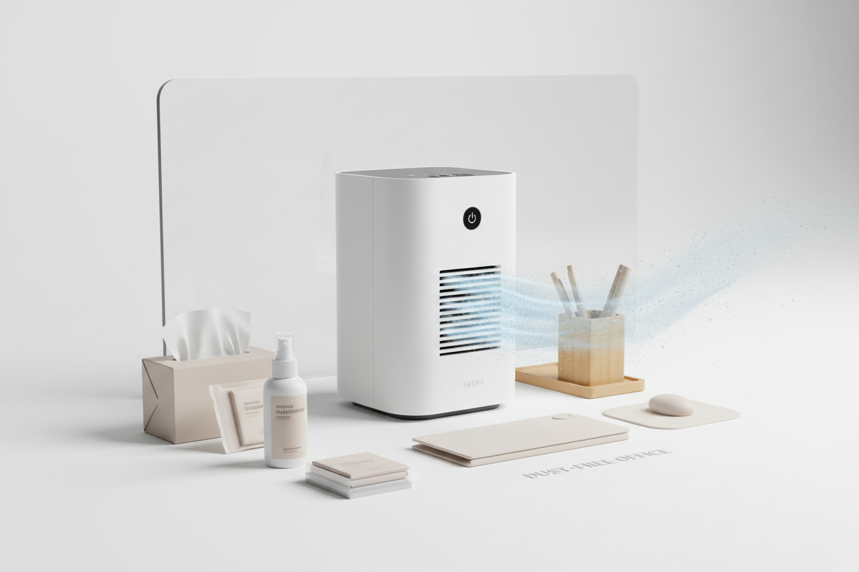 Dust-free and allergen-free workspace solutions with HEPA air purifiers removing 99.97% dust, pollen, and pet dander