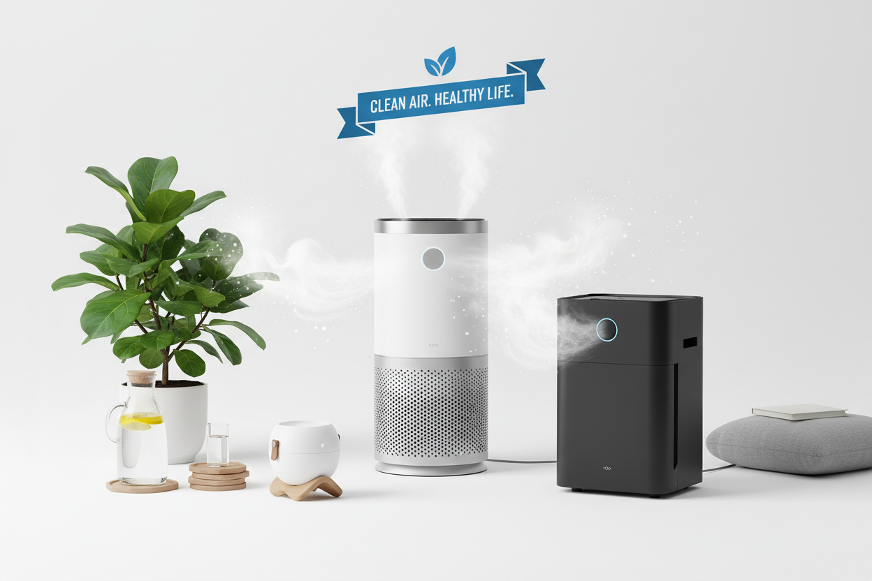 HEPA air purifiers removing 99.97% allergens, dust, smoke, and odors by AROEVE and Blueair for bedroom and office