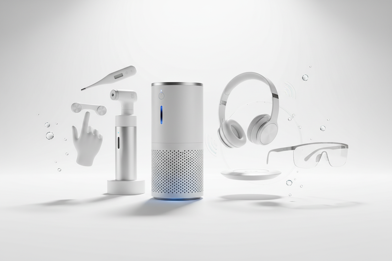 Touchless and hygienic tech including wireless charging, Bluetooth speakers, cordless devices, and portable air purifiers