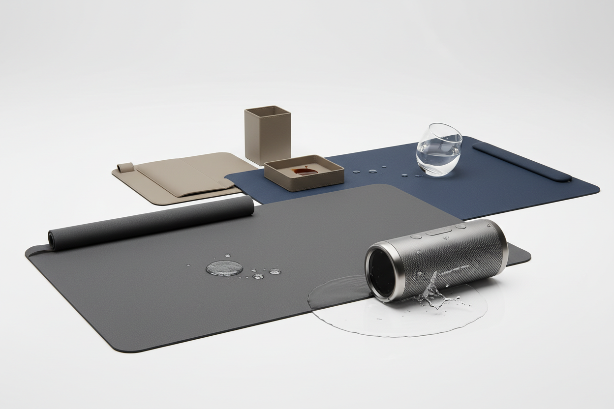 Waterproof and easy-clean products including IPX7 speakers, spill-proof desk pads, stain resistant accessories
