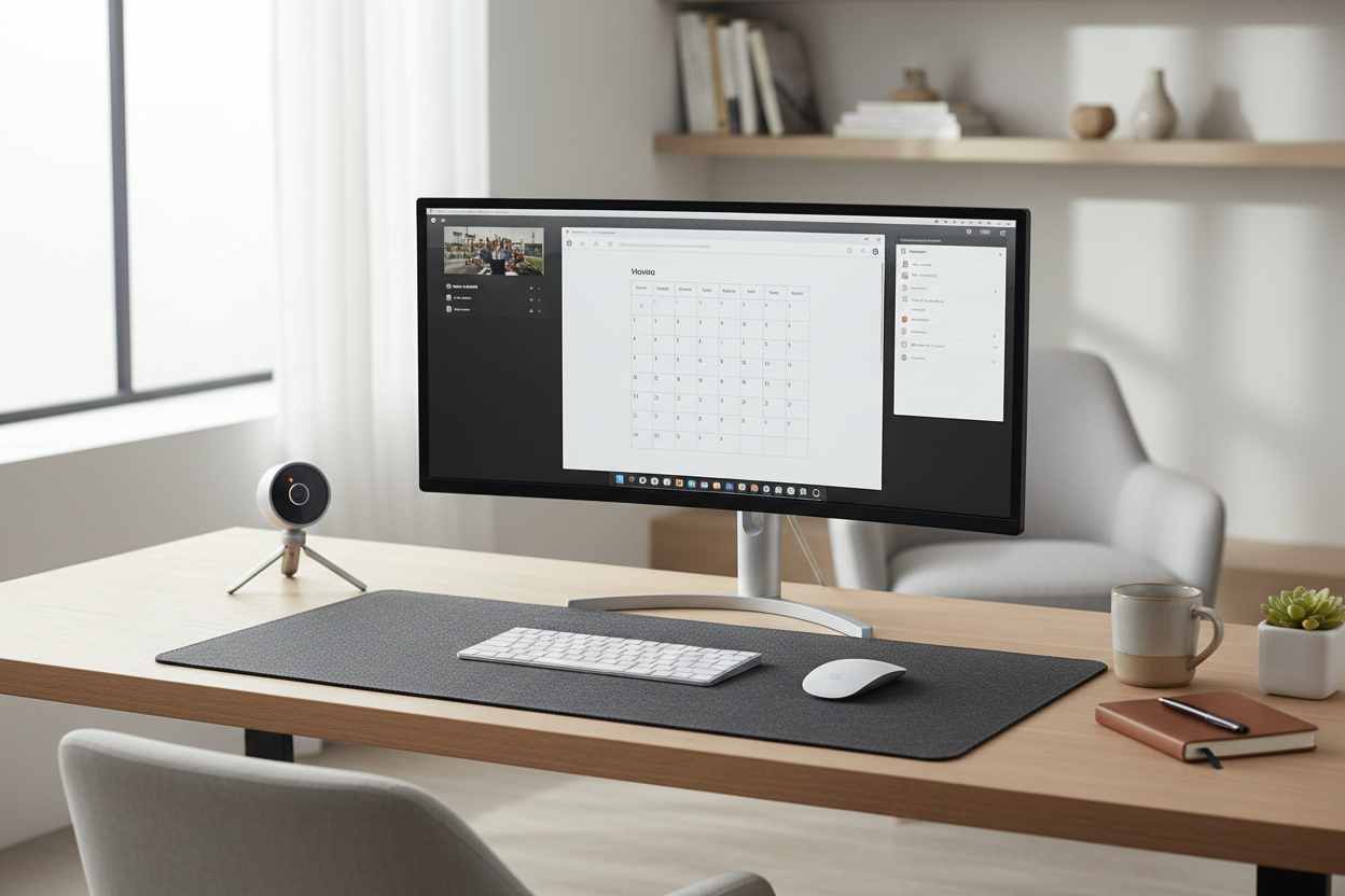 Complete remote work setup with webcams, monitors, desk accessories, air purifiers, and storage for work from home