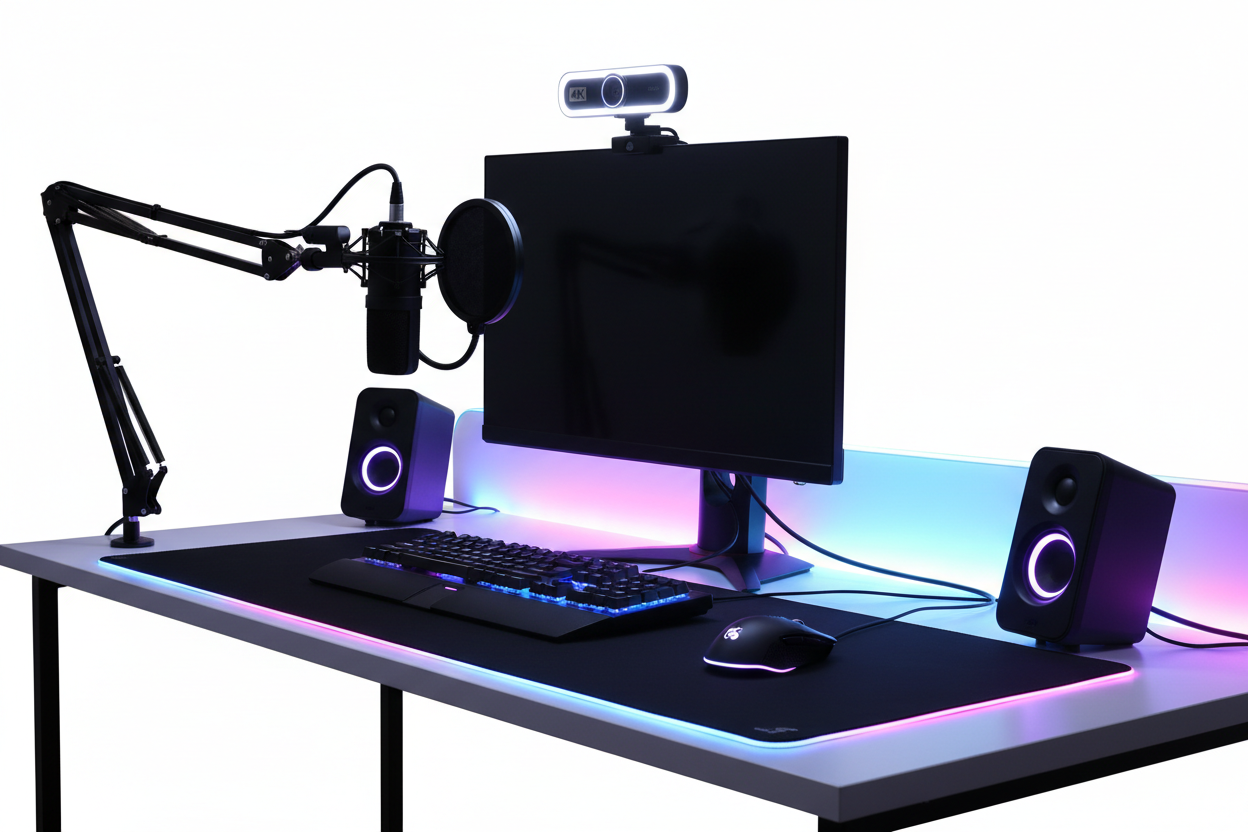 Streaming and content creation gear including 4K webcams, RGB lighting, gaming speakers for streamers and YouTubers