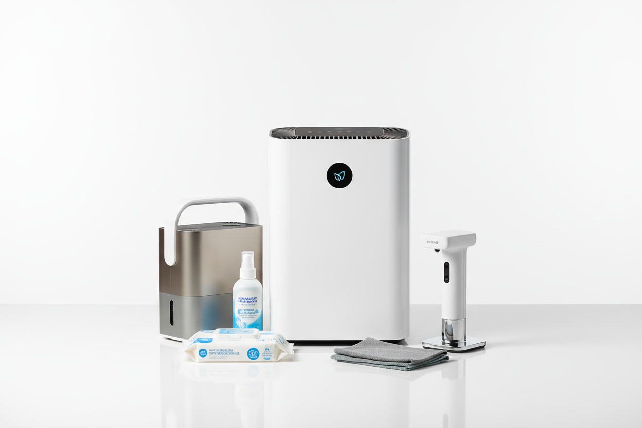 Office hygiene and sanitation with HEPA air purifiers and portable air cleaners removing 99.97% contaminants