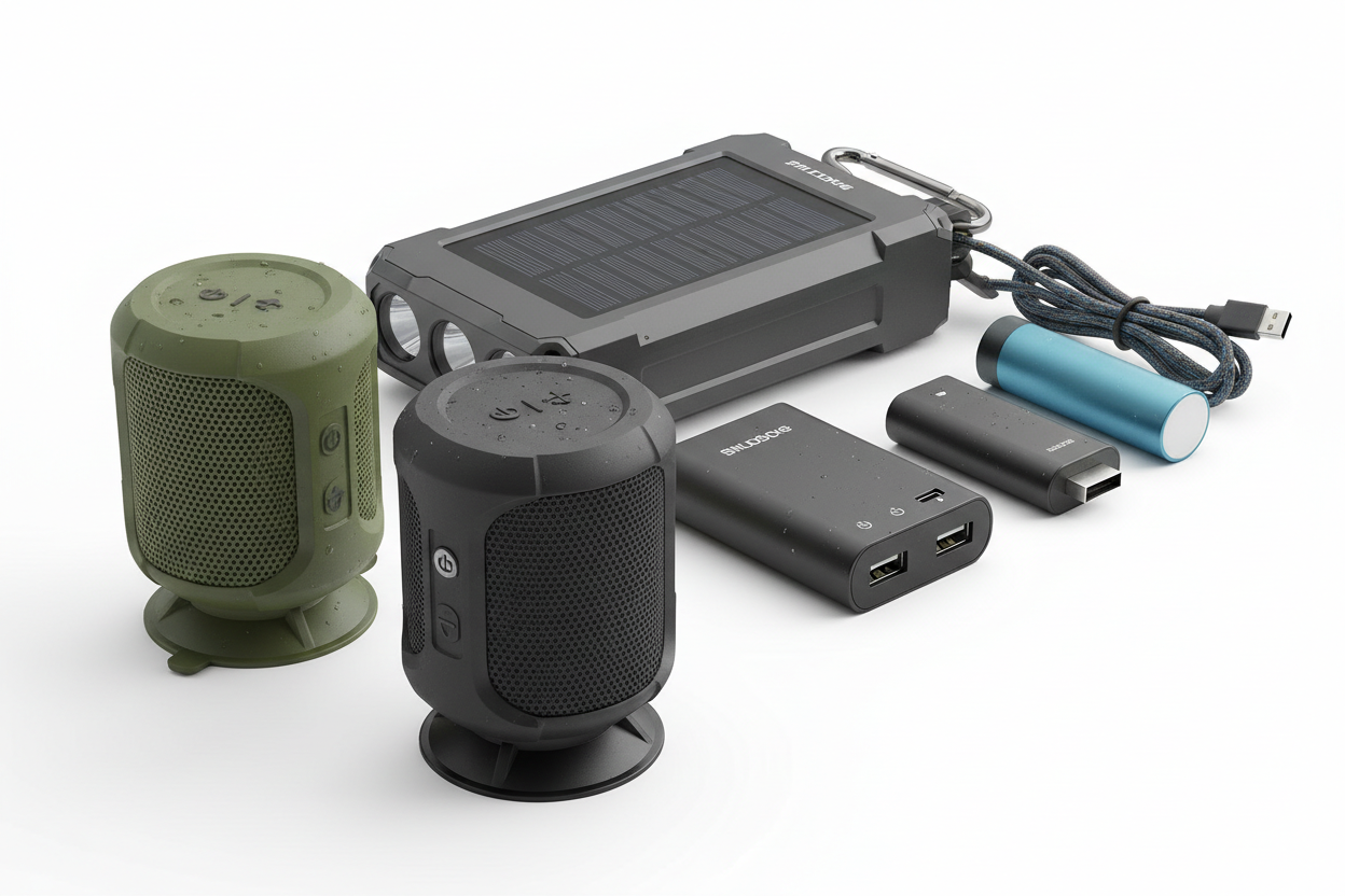 Outdoor camping electronics including IPX7 waterproof speakers, solar power banks, and portable chargers for hiking and beach