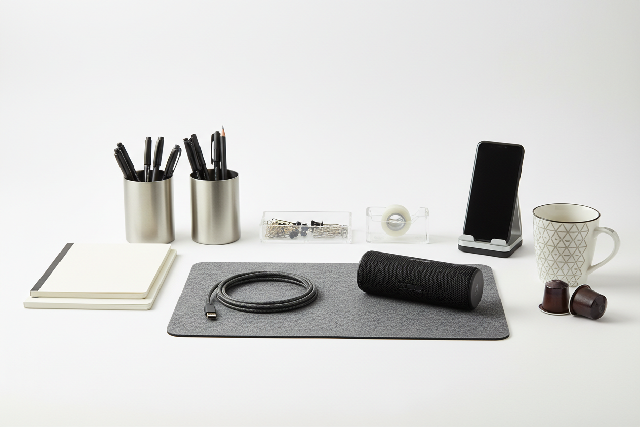 Office essential supplies including desk accessories, cables, small electronics, and storage solutions at affordable prices