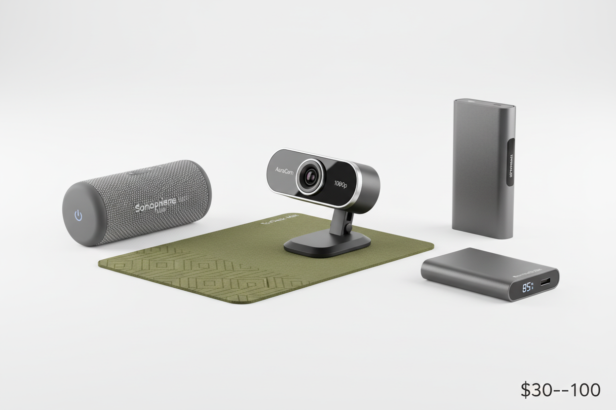 Best value tech $30-$100 including HD webcams, premium speakers, leather desk accessories, and air purifiers