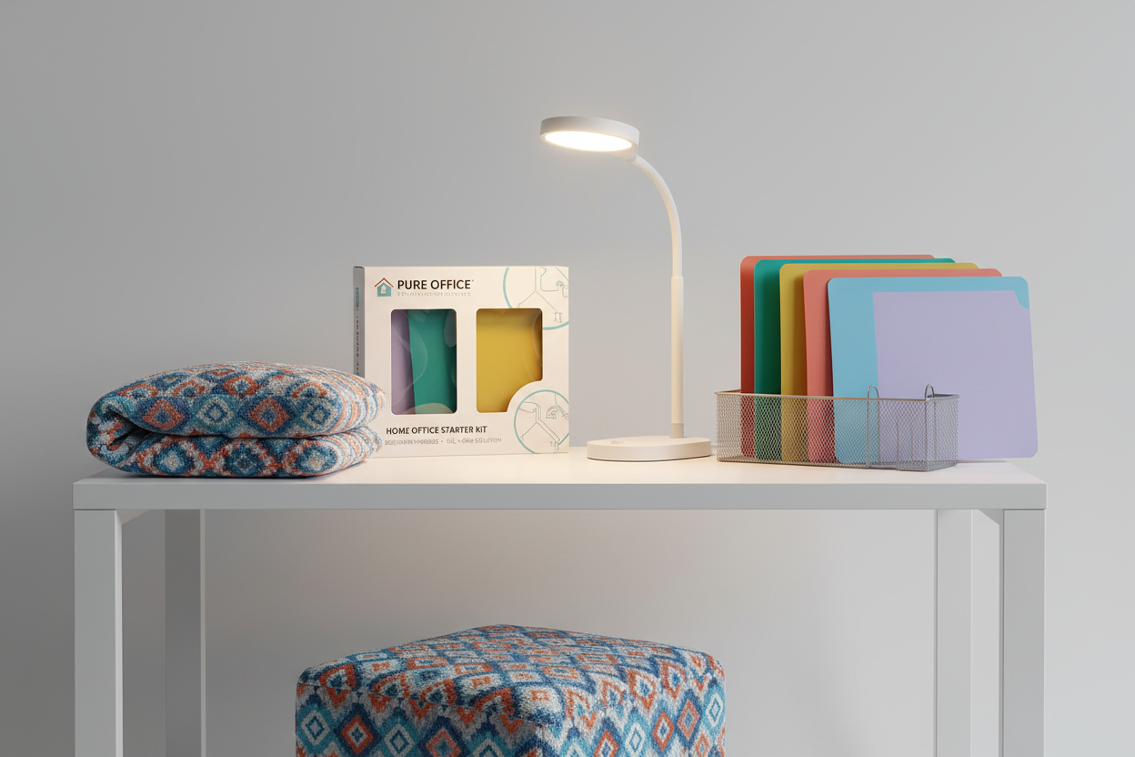 Complete home office starter kit bundle with desk lamp, file folders, and ottoman cover for remote workers