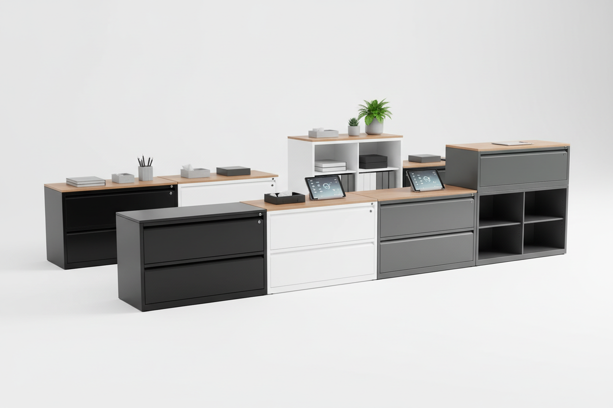 Lateral file cabinets 2-5 drawers, lockable metal filing cabinets supporting Legal, Letter, and A4 size documents