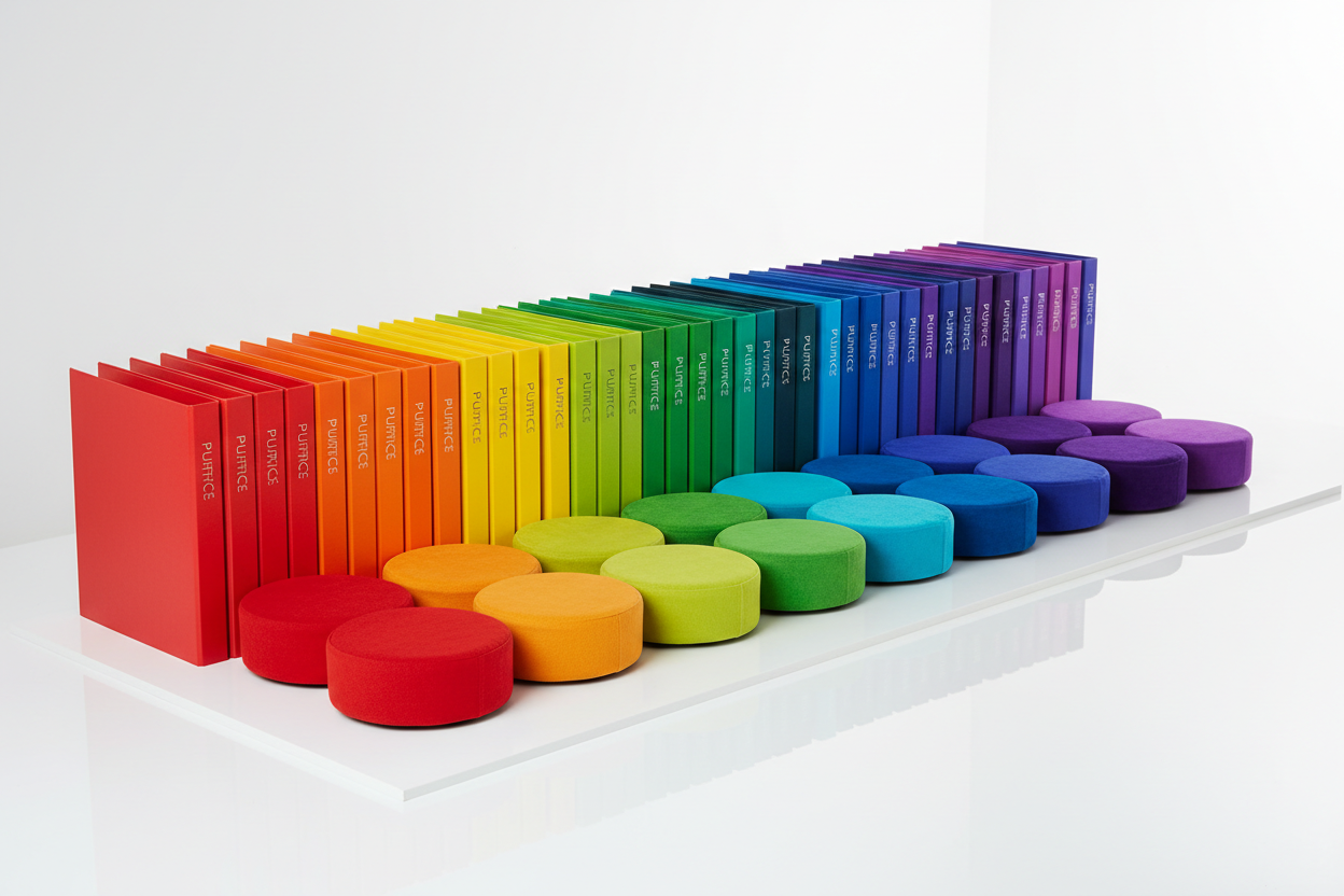 Office supplies and home décor organized by color in 15+ shades including navy, taupe, and peacock blue