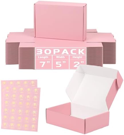 7x5x2 in Valentine's Day Shipping Boxes for Packaging Mailing, 30 Pack Pink Shipping Box Mailers for Small Business, Recyclable Small Corrugated Coardboard Boxes by DERZIFUN