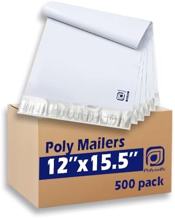 POLYSELLS 500 pcs 12x15.5 Inches White x Silver Poly Mailers Shipping Envelopes, Strong Adhesive Sealing, Waterproof, and Tear-resistant Postal Mailing Bags for Clothing, Books, and Accessories by POLYSELLS