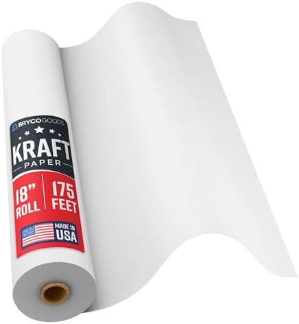Bryco Goods 18”x2100” (175’) White Kraft Paper Roll for Painting, Drawing, Banner, Bulletin Board, Easel Paper, Floor Covering, Packaging, Shipping, Gift Wrapping, Arts & Crafts – Made in USA by BrycoGoods