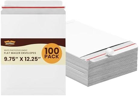The Boxery White Flat Photo/Document Mailer Envelopes with Peel & Seal Closure-(100 Pack) 9.75 inch x 12.25 inch Stay Flat Cardboard Ridgid Mailers by TheBoxery