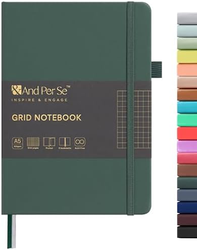 &And Per Se Graph Notebook, 5mm Grid, A5 Hardcover, 160 Pages 100gsm Thick Paper, Grid Journal for Diagrams, Wireframes, CAD Sketches (Green) by AndPerSe