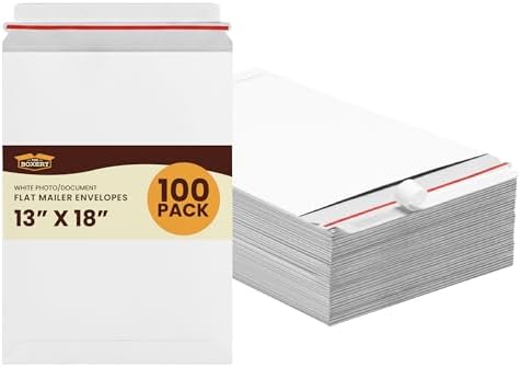 The Boxery White Flat Photo/Document Mailer Envelopes with Peel & Seal Closure-(100 Pack) 13 inch x 18 inch Stay Flat Cardboard Ridgid Mailers by TheBoxery