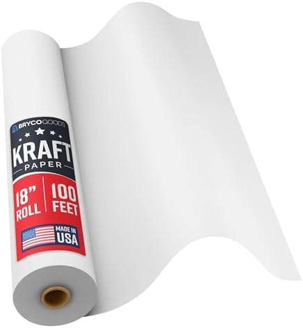 Bryco Goods 18”x1200” (100’) White Wrapping Paper – Kraft Paper Roll for Painting, Drawing, Banner, Bulletin Board, Easel Use, Floor Covering, Packaging, Shipping, Arts & Crafts – Made in USA by BrycoGoods