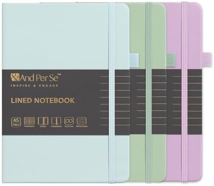 &And Per Se Lined Notebooks 3-Pack Gift Set, A5 Hardcover Journals, 160 Pages 100gsm Thick Paper, 3 Assorted Colors (Cyan, Purple & Light Green) by AndPerSe