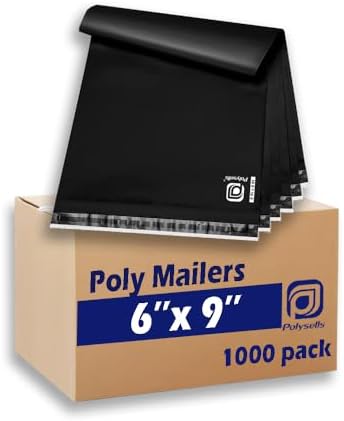 POLYSELLS 1000 pcs 6x9 Inches Black Poly Mailers Shipping Envelopes, Strong Adhesive Sealing, Waterproof, and Tear-resistant Postal Mailing Bags for Clothing, Books, and Accessories by POLYSELLS
