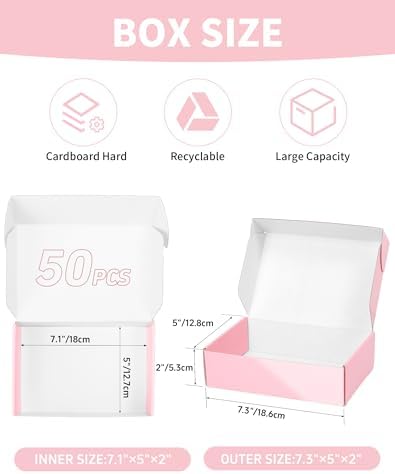 50 Pack Shipping Boxes 7x5x2 in, Cute Pink Corrugated Cardboard Boxes, Mailer Packaging Boxes for Small Business Gift Literature Shipping - Image 2